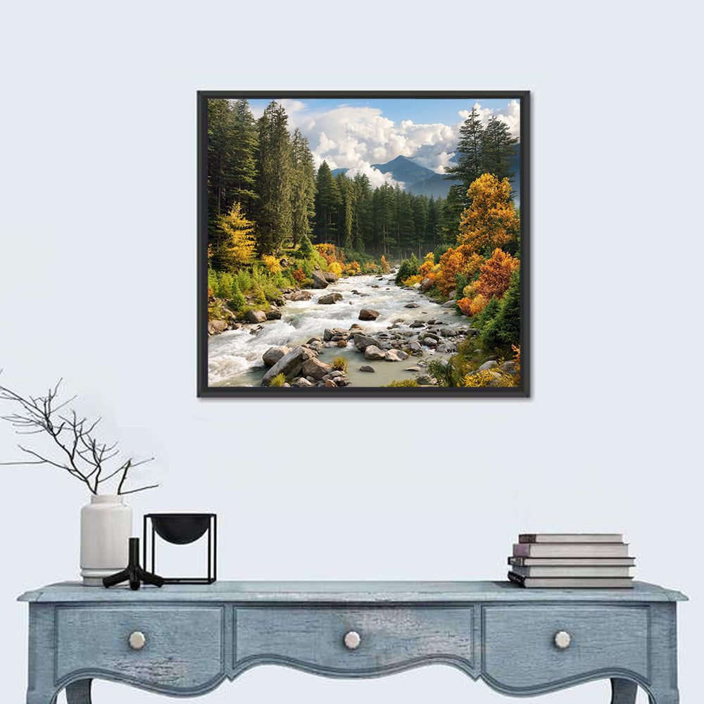 Autumn Mountain Stream with Rapids Wall Art in a room, square