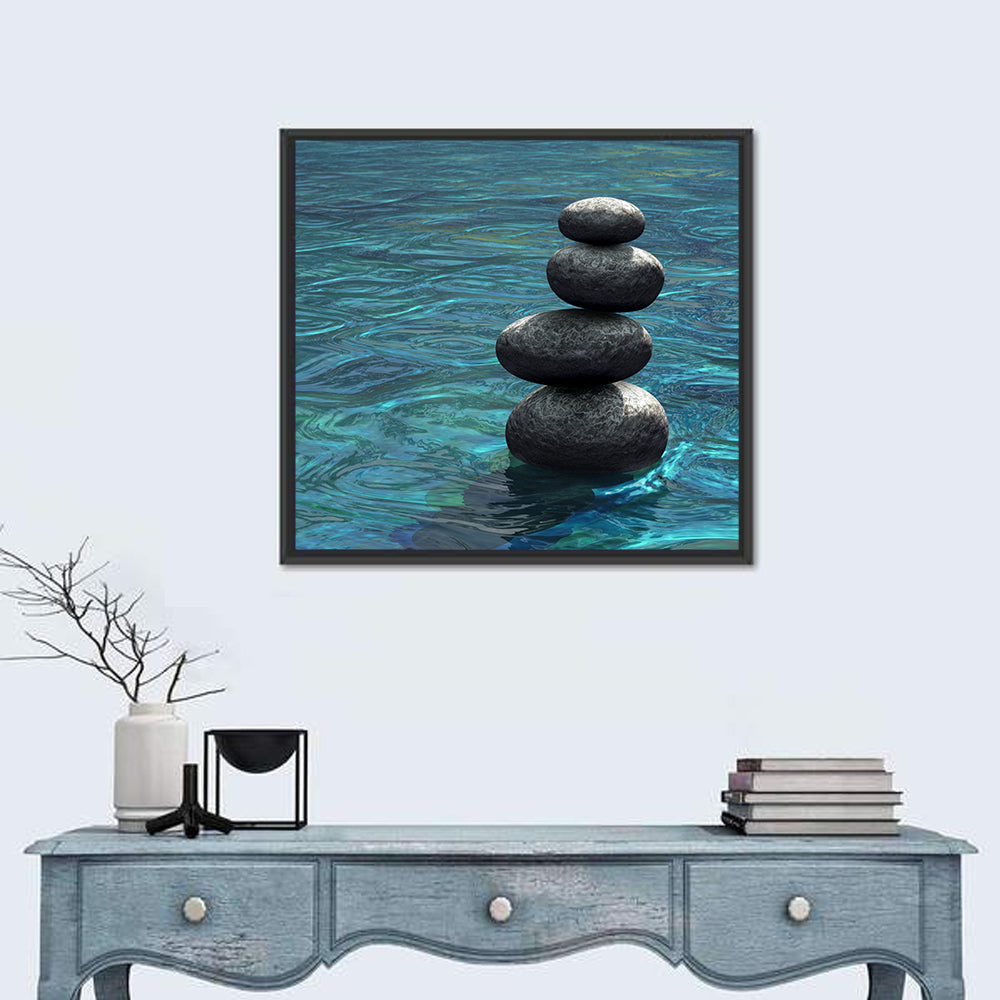 Zen Stone Stack Over Rippling Water Wall Art in a room, square