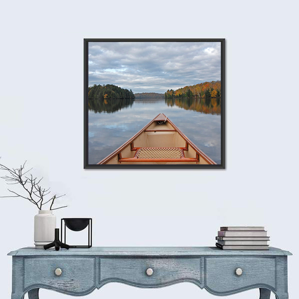 Overcast Canoe Bow on Autumn Lake Wall Art in a room, square