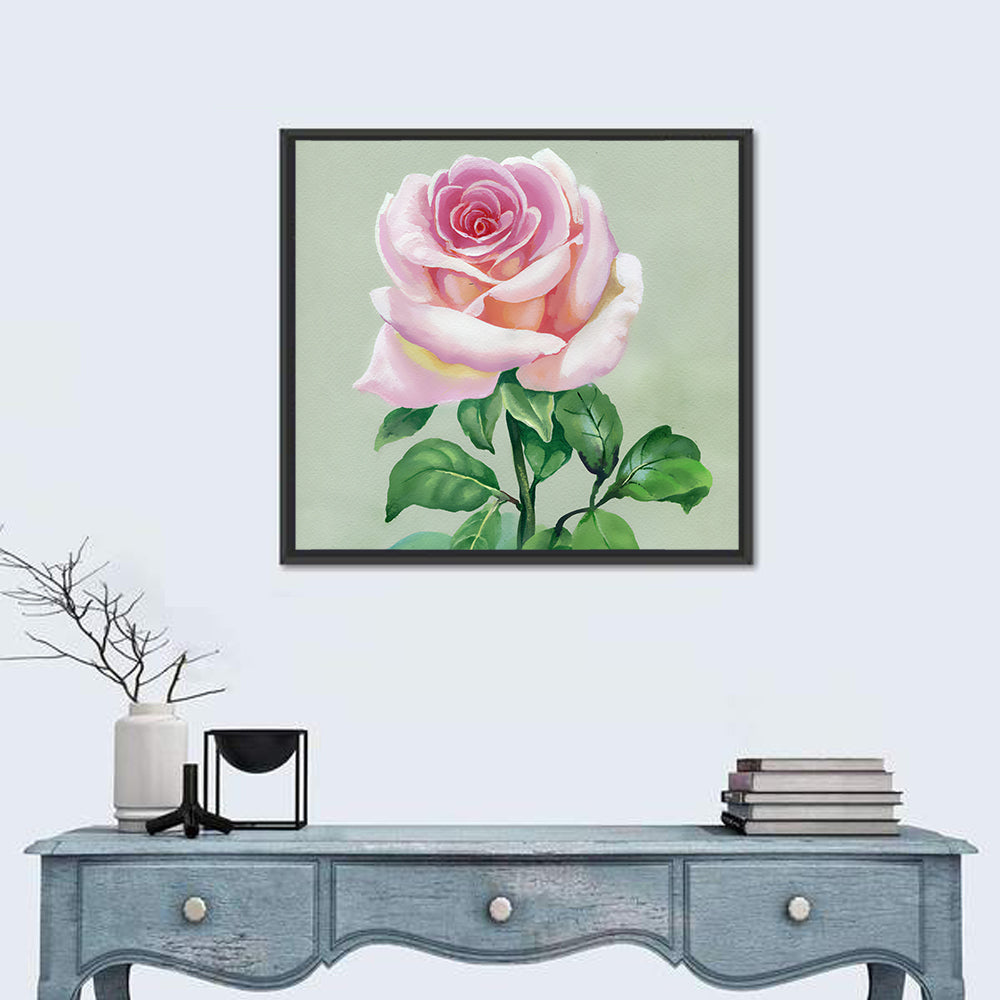 Pink Watercolor Rose Wall Art in a room, square
