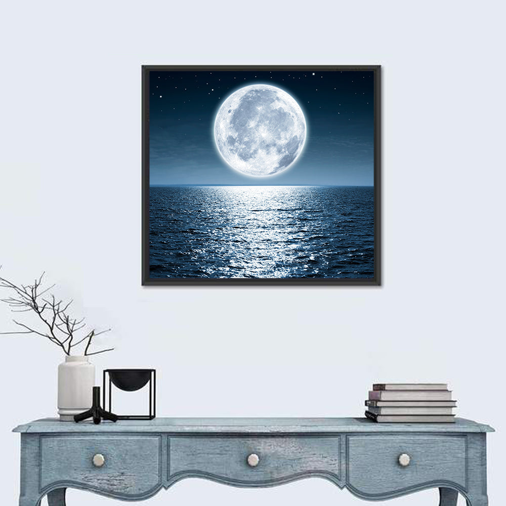 Full Moon Rising Over Ocean Wall Art in a room, square