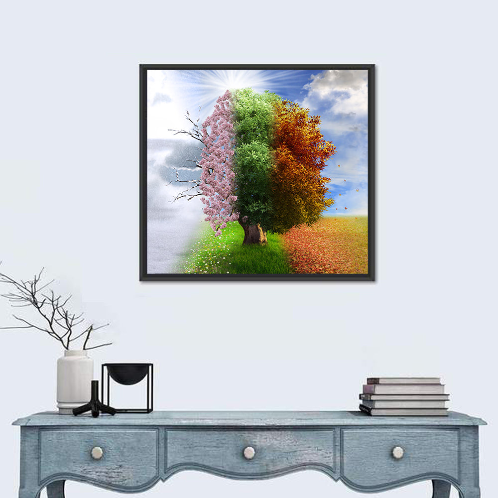 Tree Through Four Seasons Wall Art in a room, square