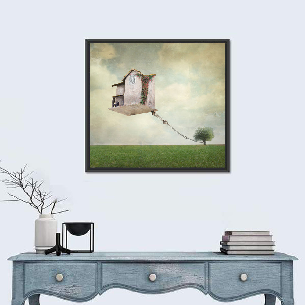 Floating House with Pulley Wall Art in a room, square