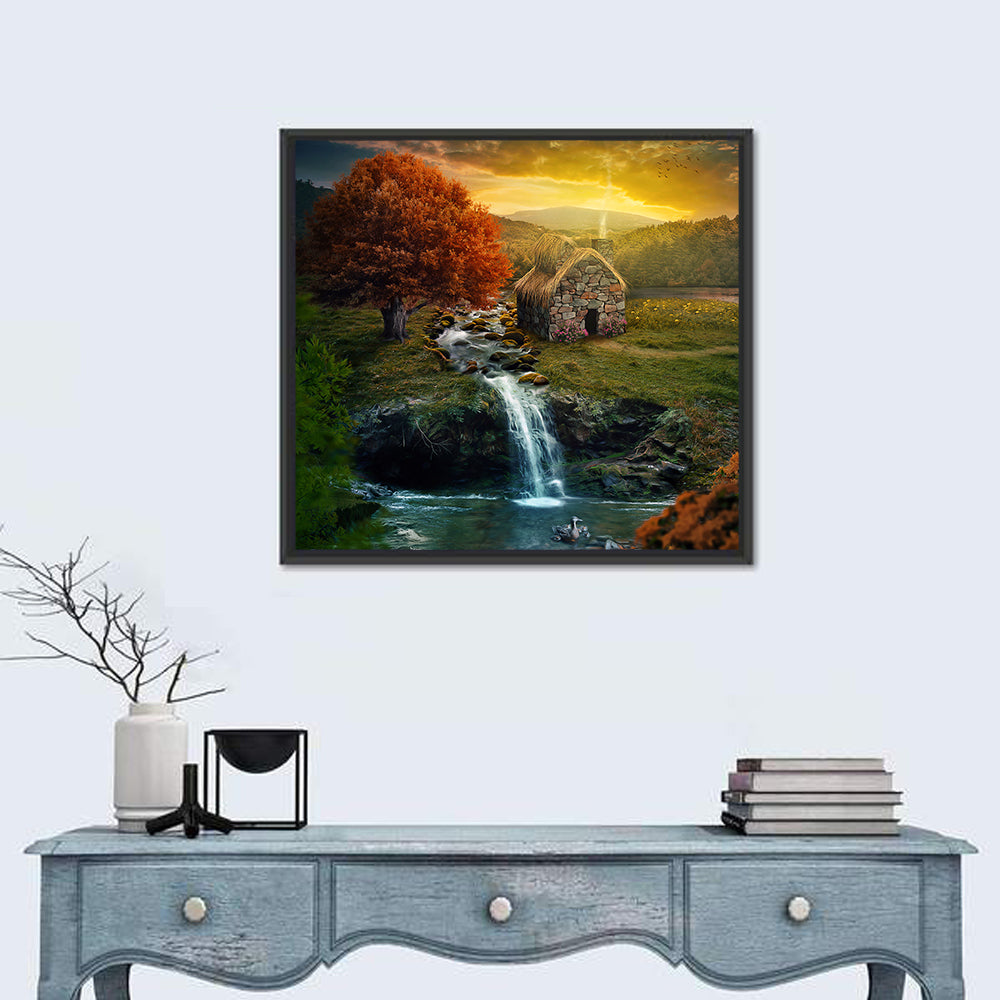 Thatched Cottage by Mountain Stream Wall Art in a room, square