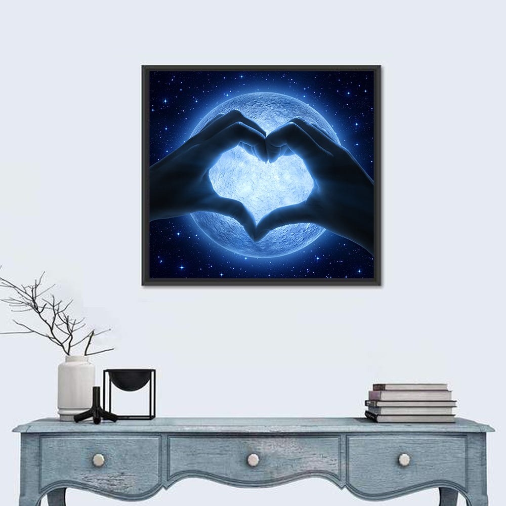 Moon Heart Silhouette Wall Art in a room, square