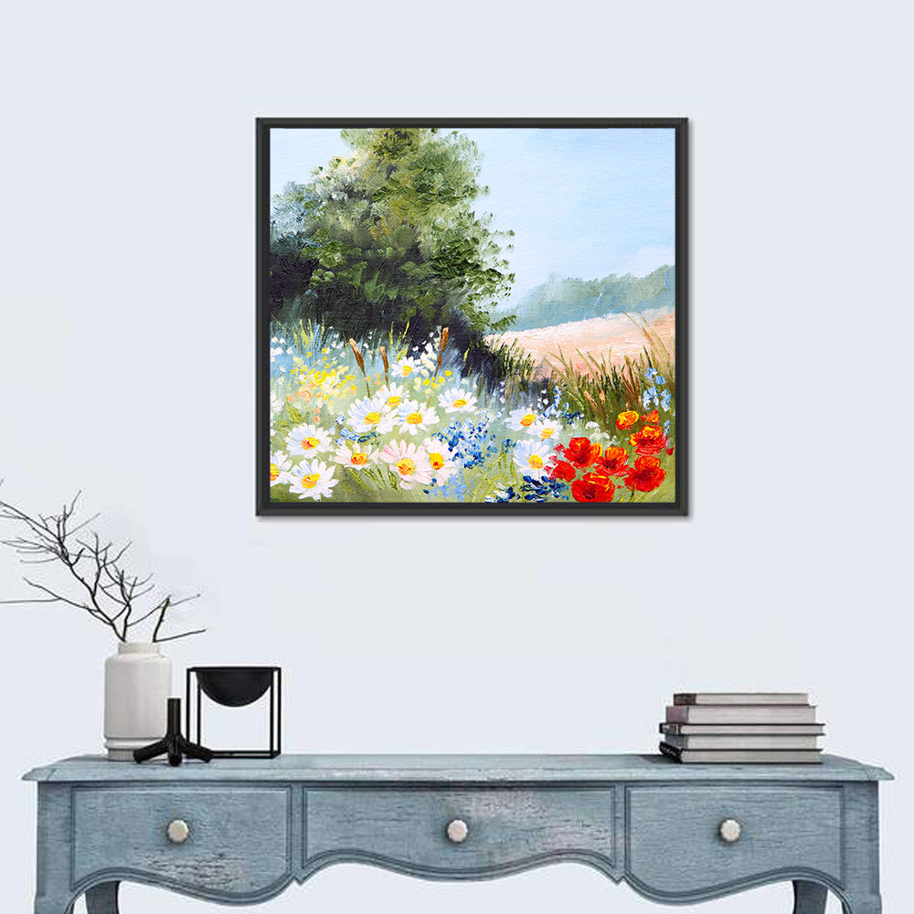 Daisy Meadow with Red Poppies Wall Art in a room, square