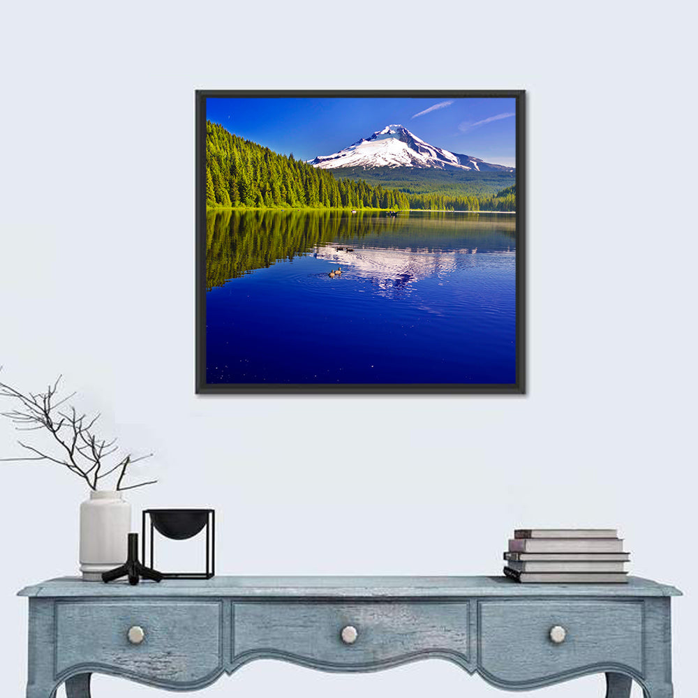 Mt Hood Reflected in Trillium Lake Wall Art in a room, square