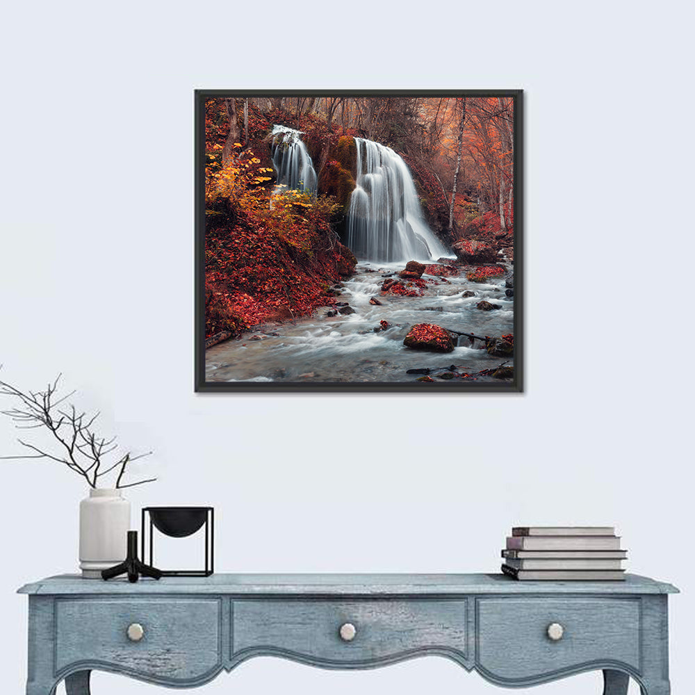 Dual Tier Autumn Forest Waterfall, Crimea Wall Art in a room, square