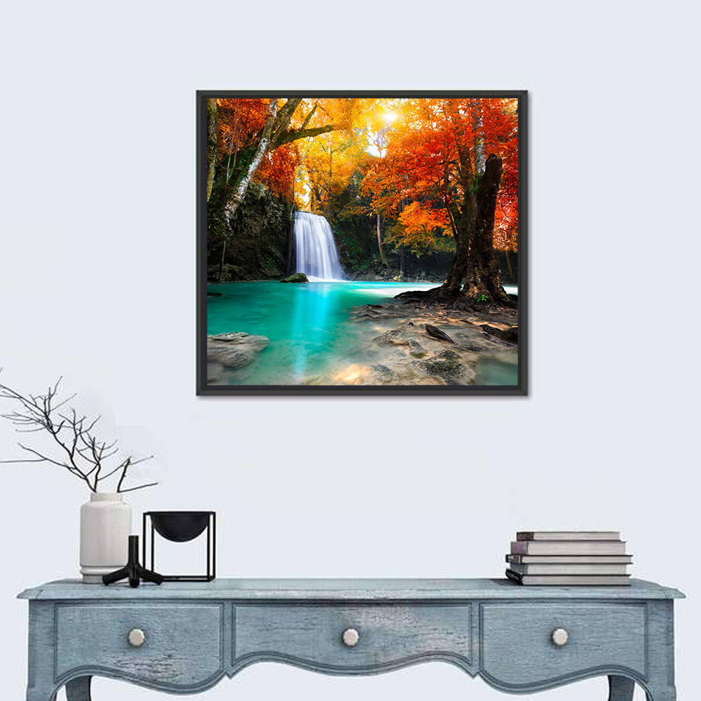 Autumn Forest Waterfall, Thailand Wall Art in a room, square