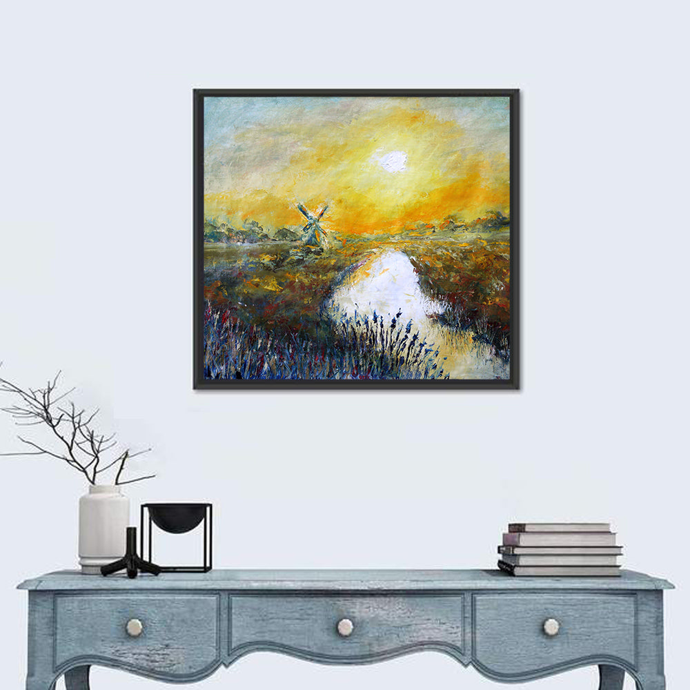 Windmill at Sunrise Over River Wall Art in a room, square