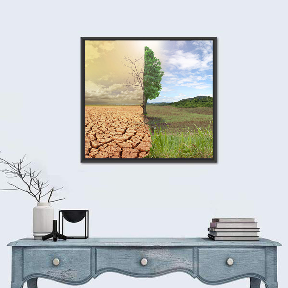 Split Landscape with Half-alive Tree Wall Art in a room, square
