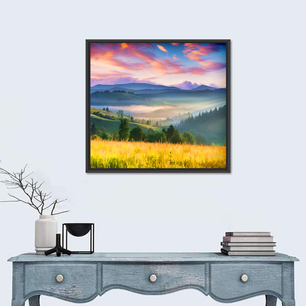 Sunrise Mist Over Mountain Meadow Wall Art in a room, square