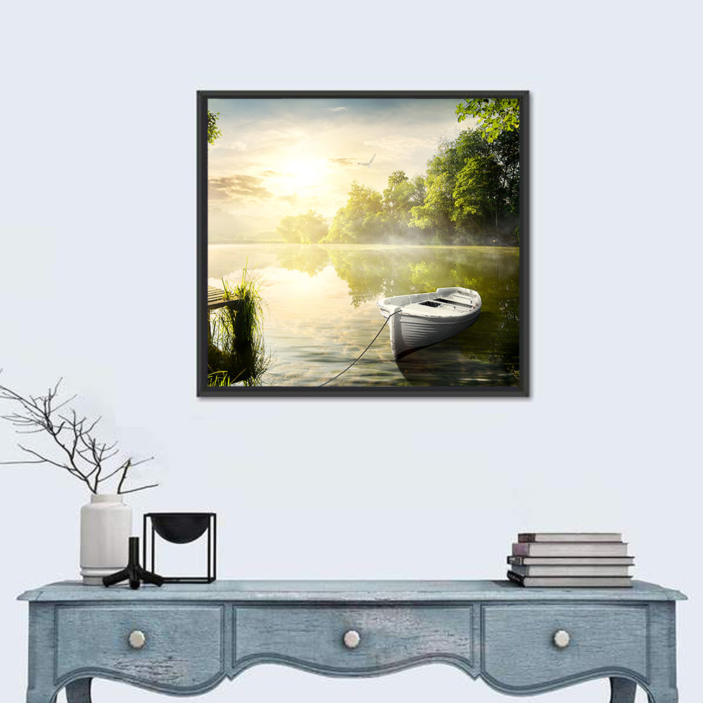 Rowboat at Misty Dock Wall Art in a room, square