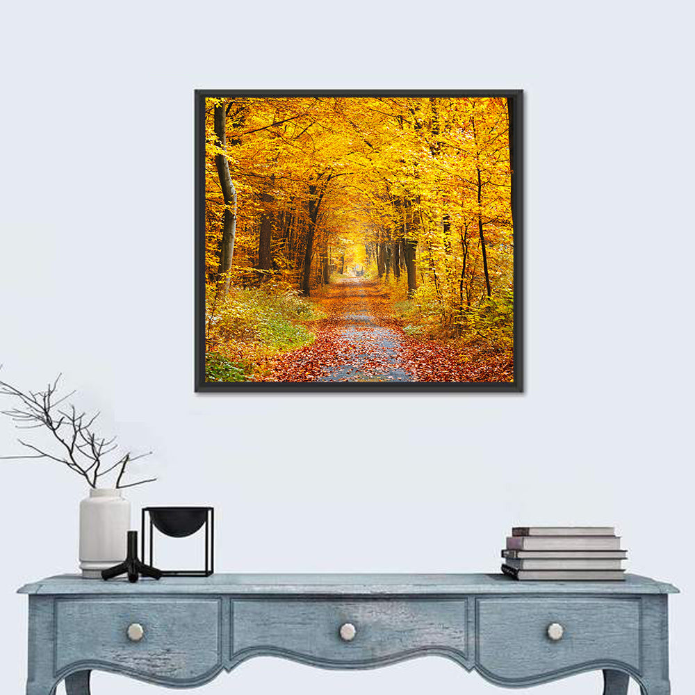 Autumn Forest Path Wall Art in a room, square