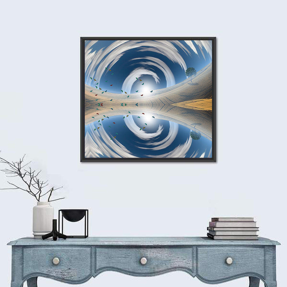 Swirling Sky Reflection Wall Art in a room, square