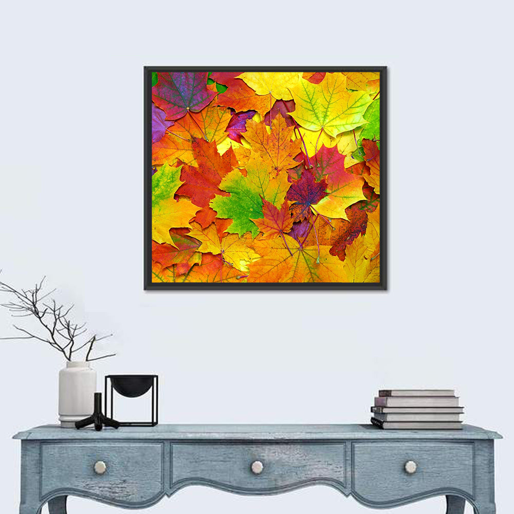 Colorful Autumn Leaves Wall Art in a room, square