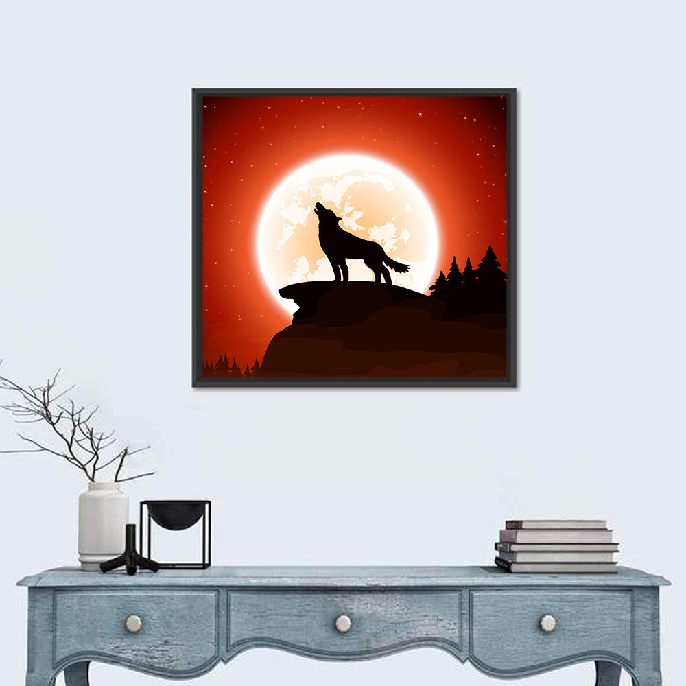 Howling Wolf Under Full Moon Wall Art in a room, square