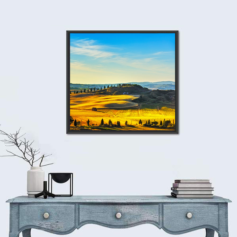 Cypress Trees Over Golden Fields Wall Art in a room, square