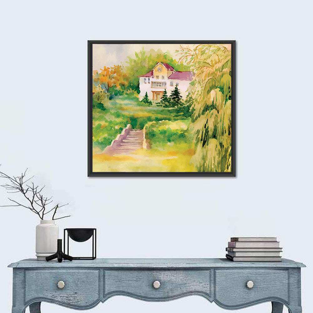 Hilltop House in Garden Illustration Wall Art