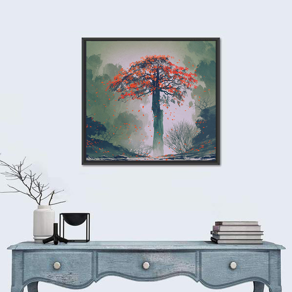 Misty Red Autumn Tree Wall Art