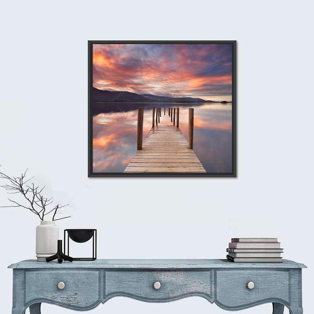 Flooded Jetty in Derwent Water Wall Art in a room, square