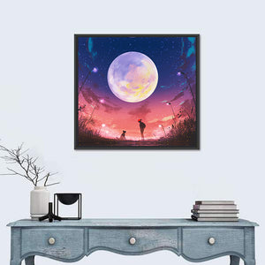 Woman With Dog Under Moon Wall Art