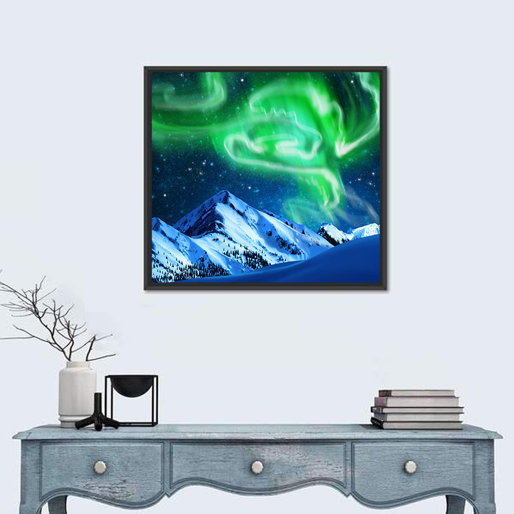Glowing Aurora Over Snow Capped Mountains Wall Art in a room, square