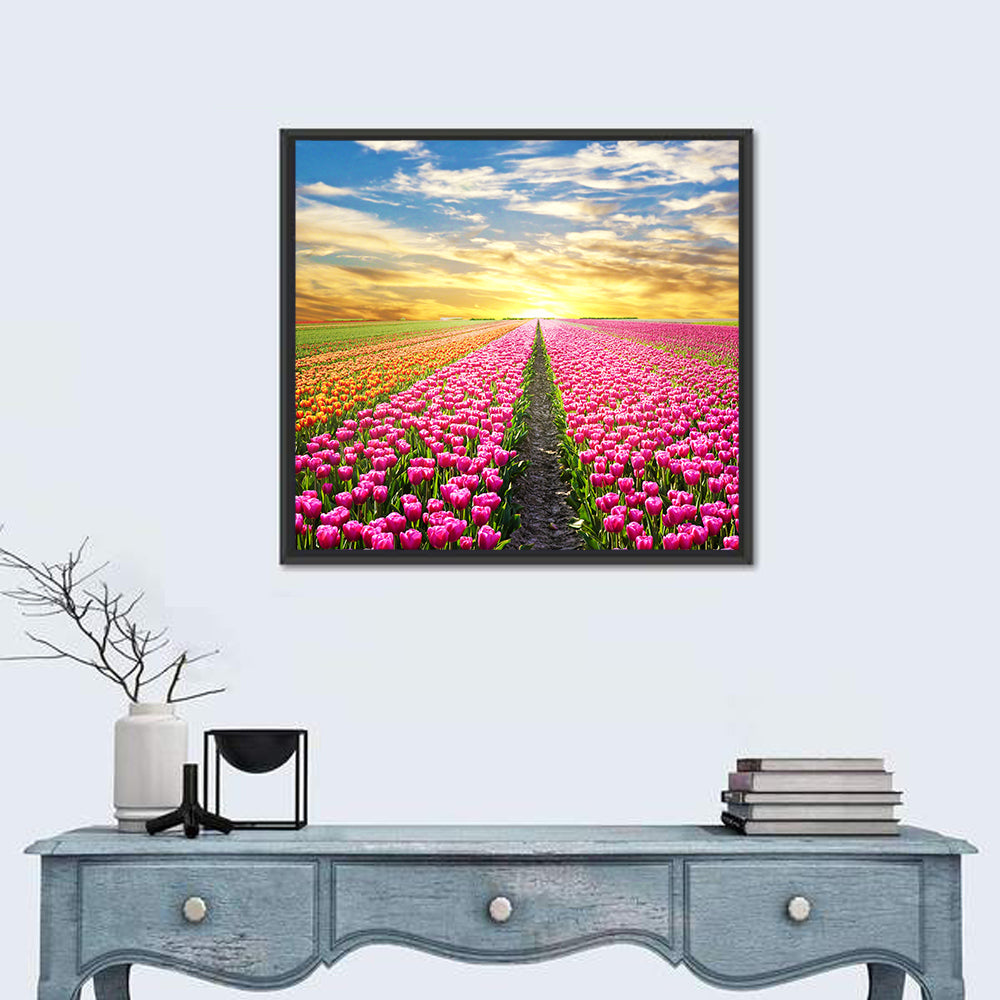 Sunrise Over Tulip Field Wall Art in a room, square