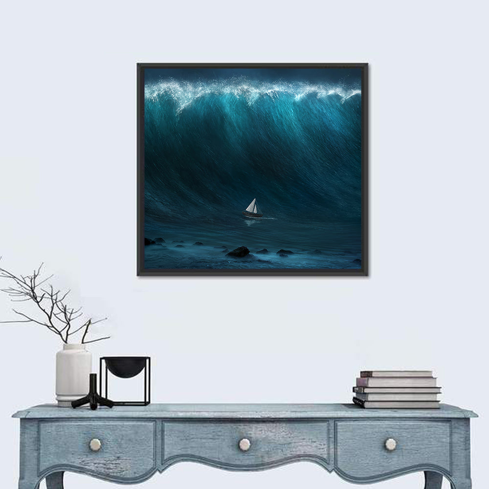 Sailboat Against Giant Wave Wall Art