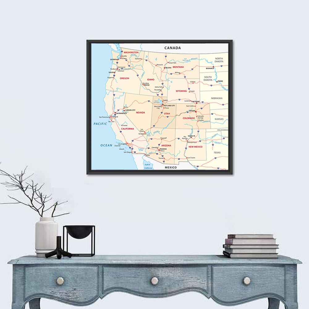 Western United States Map Wall Art in a room, square