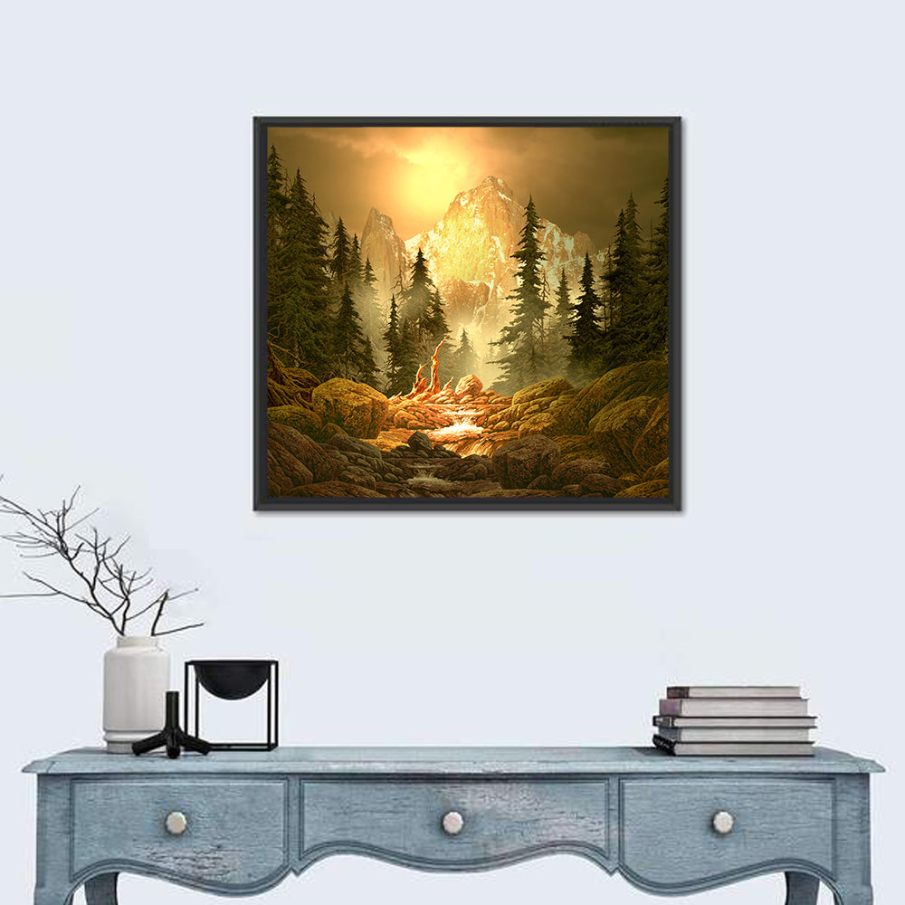 Rockies Mountain Stream at Golden Hour Wall Art in a room, square