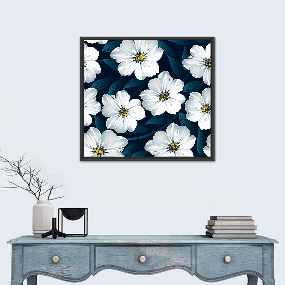 White Flowers on Navy Pattern Wall Art in a room, square