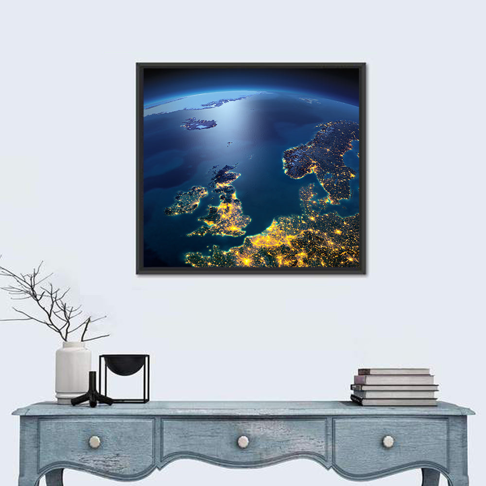 Illuminated United Kingdom from Space Wall Art in a room, square