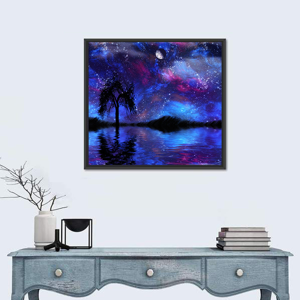 Moonlit Nebula Lake Wall Art in a room, square