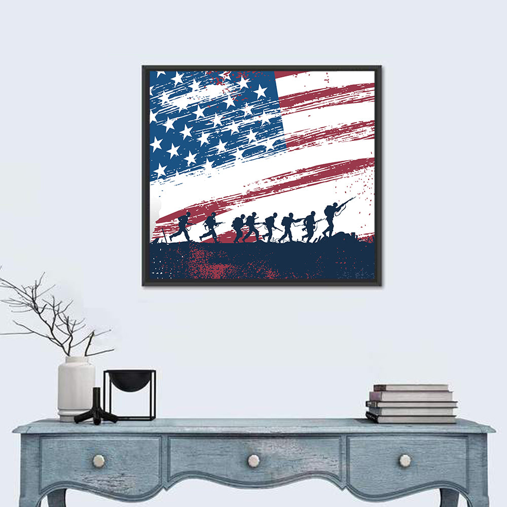 Silhouetted Soldiers with Distressed American Flag Wall Art