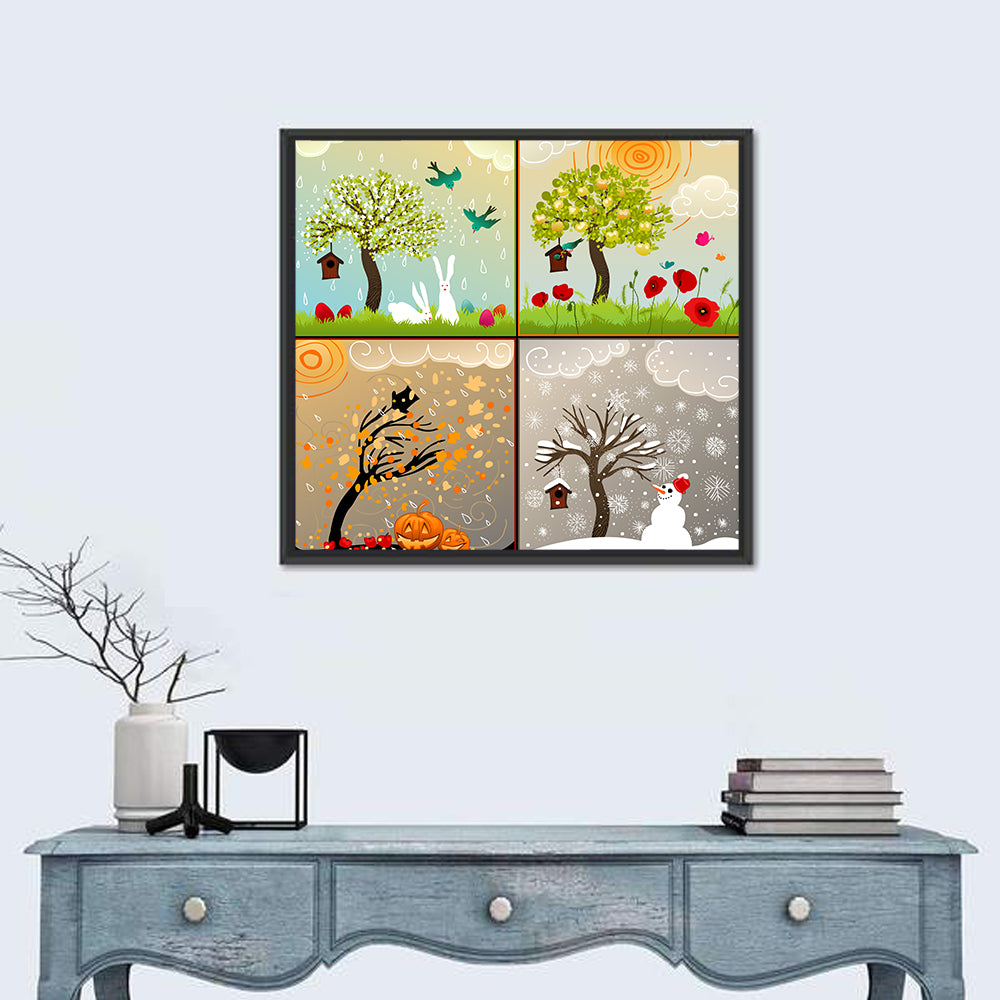 Four Seasons Illustrated Grid Wall Art in a room, square