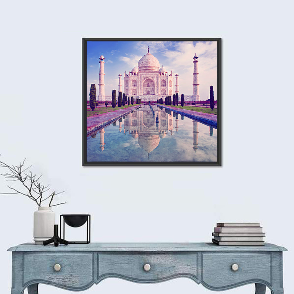 Taj Mahal Sunrise Reflection Wall Art in a room, square