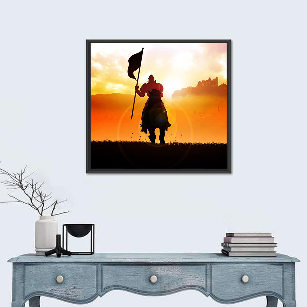 Knight Silhouette at Sunset Wall Art in a room, square