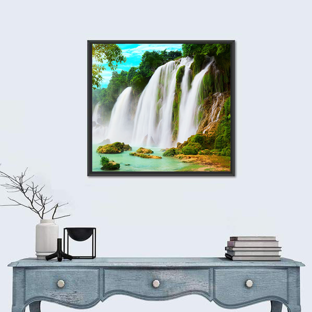 Sunlit Ban Gioc Waterfall Wall Art in a room, square