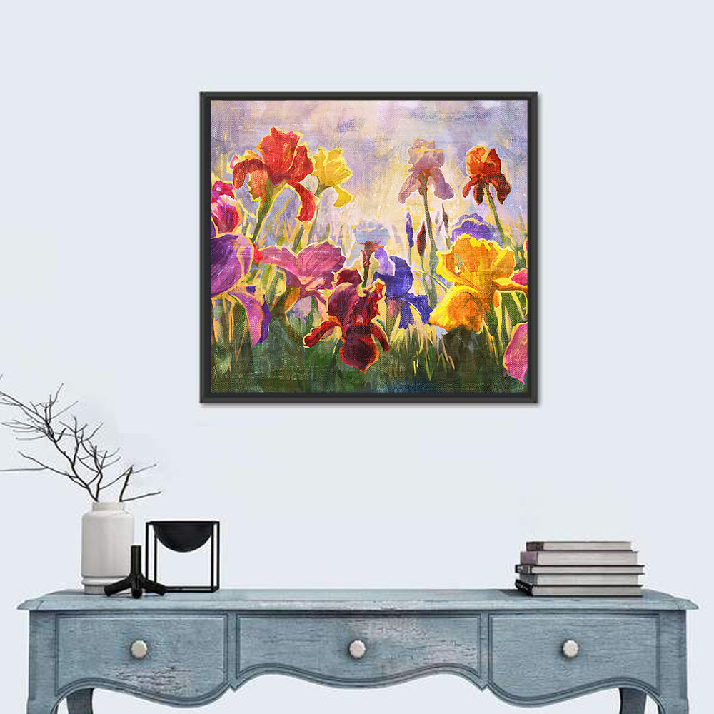 Iris Garden Illustration Wall Art in a room, square