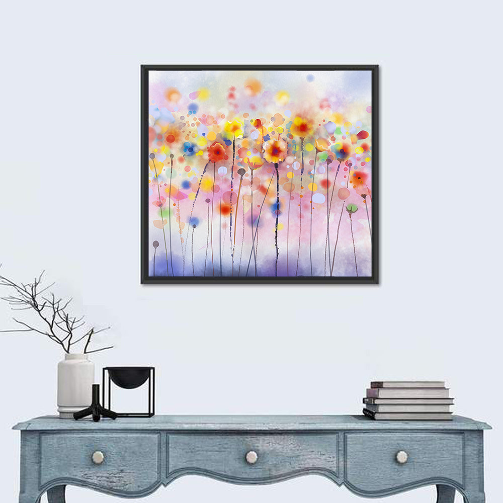 Whimsical Wildflower Watercolor Wall Art in a room, square