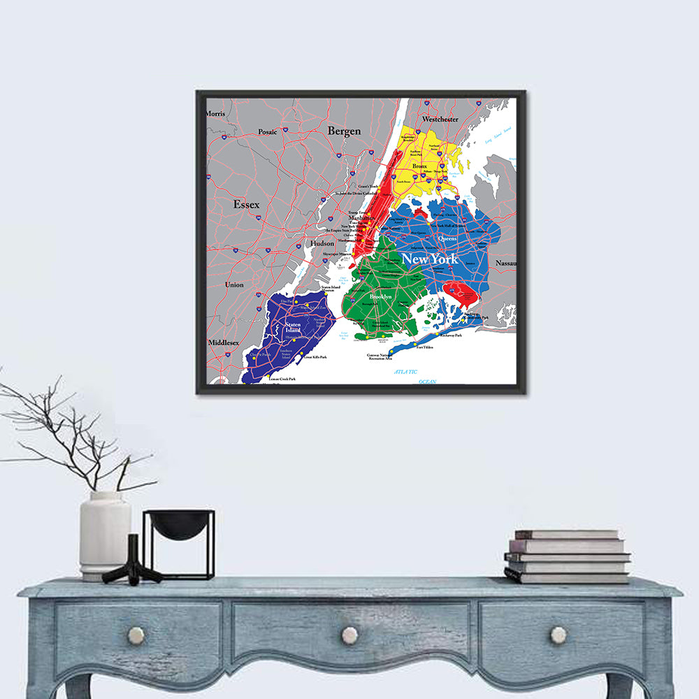 Color-coded New York City Map Wall Art in a room, square