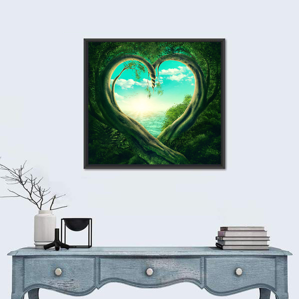 Two Trees Forming a Heart Wall Art in a room, square