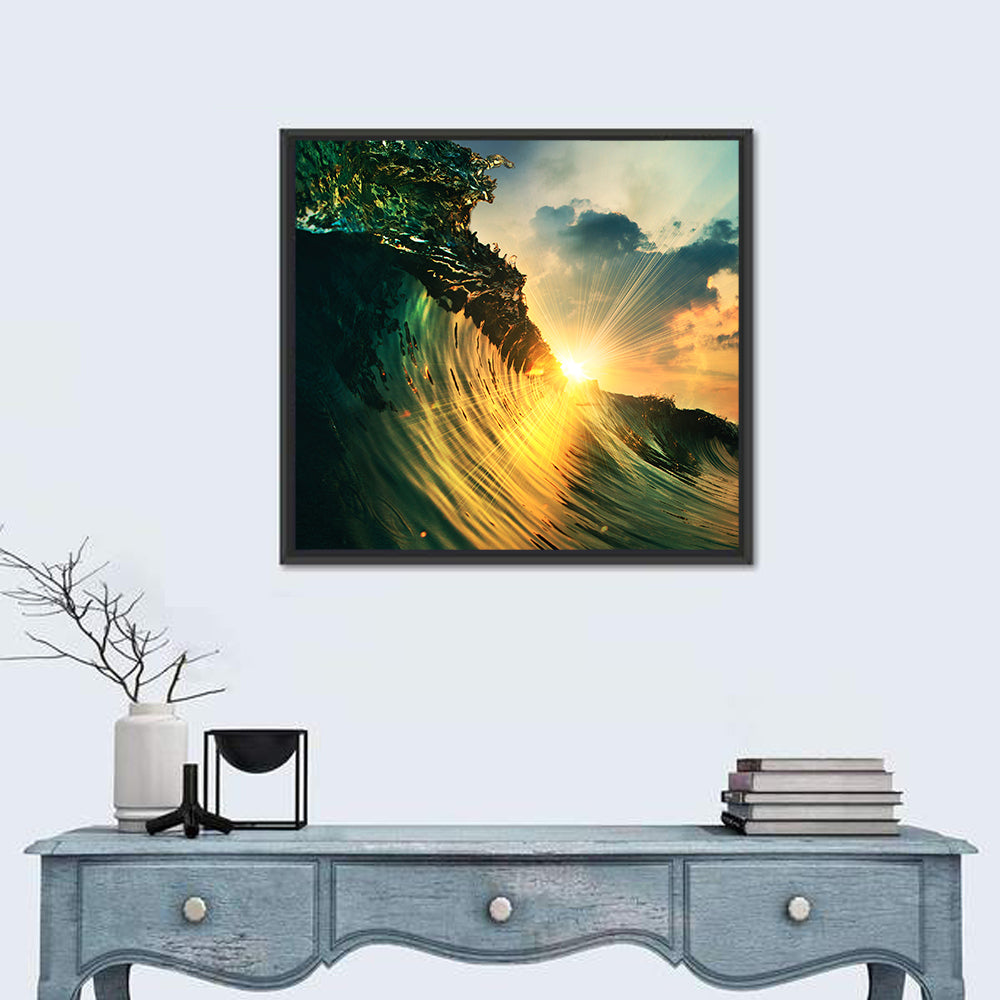 Sunset Through a Curling Wave Wall Art in a room, square