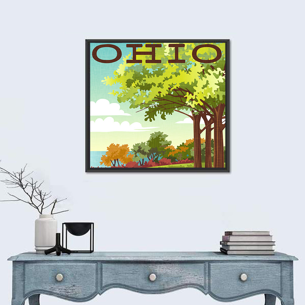 Retro Ohio Travel Illustration Wall Art in a room, square