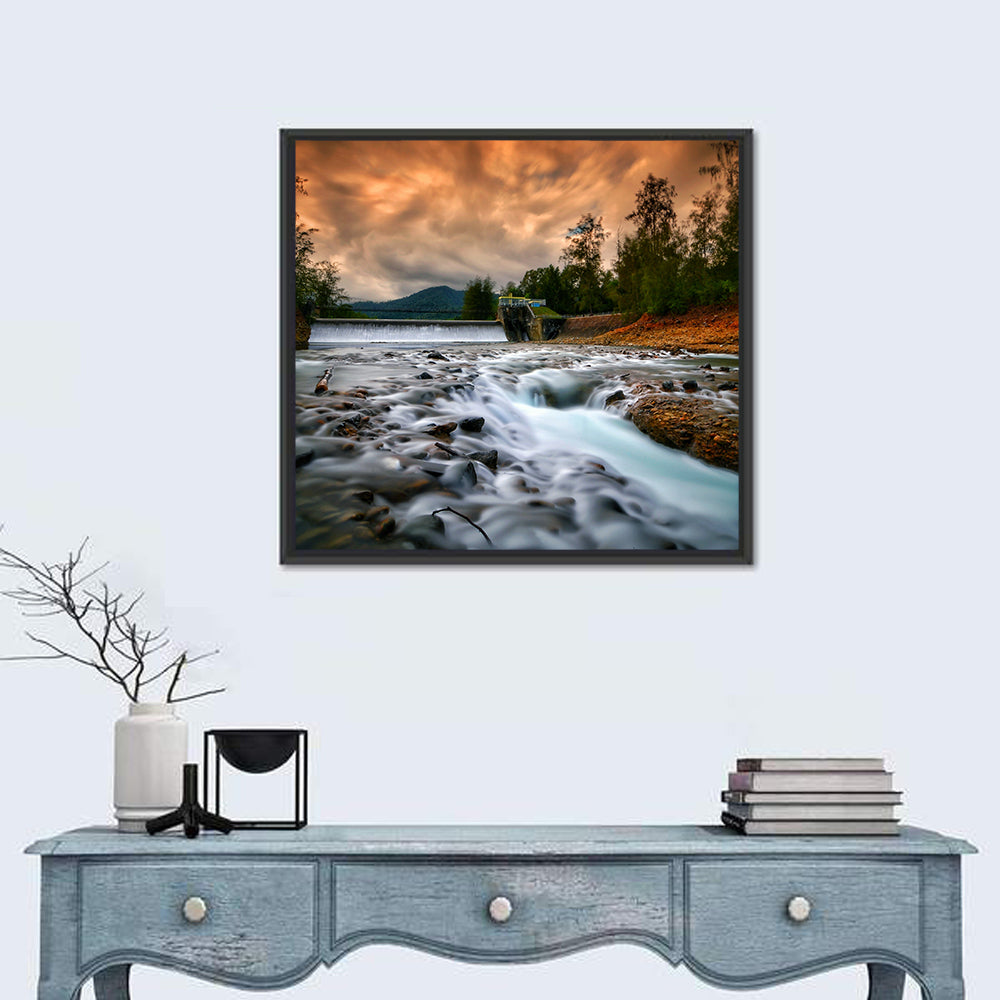 Mentawa Dam at Dusk Wall Art in a room, square