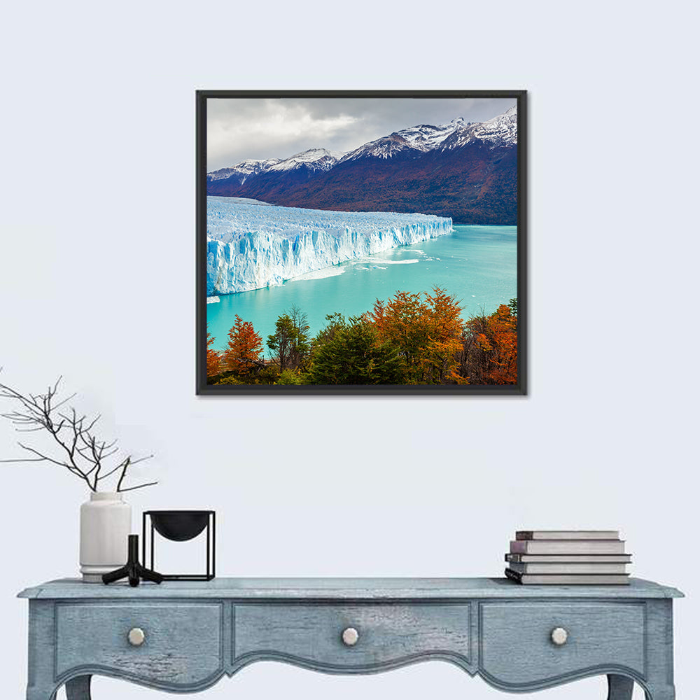 Perito Moreno Glacier with Autumn Foliage Wall Art in a room, square