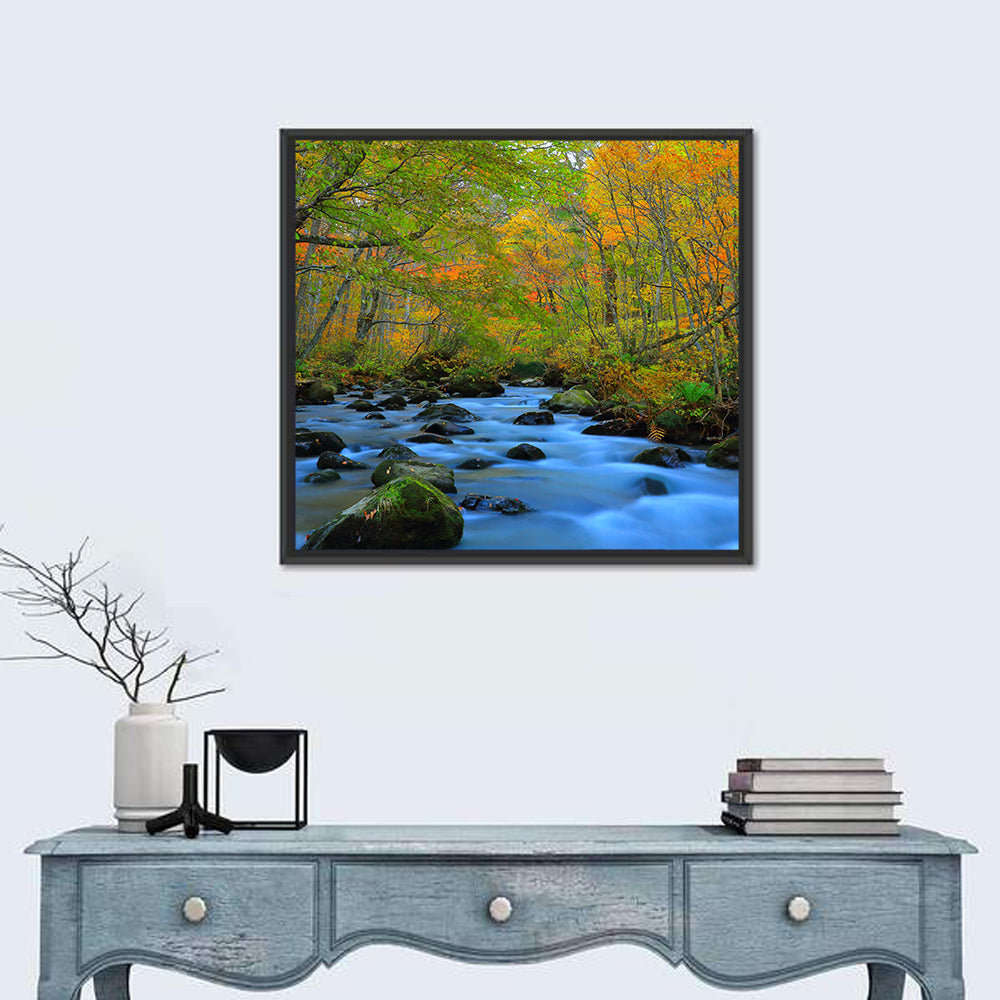 Oirase Gorge Autumn Stream Wall Art in a room, square