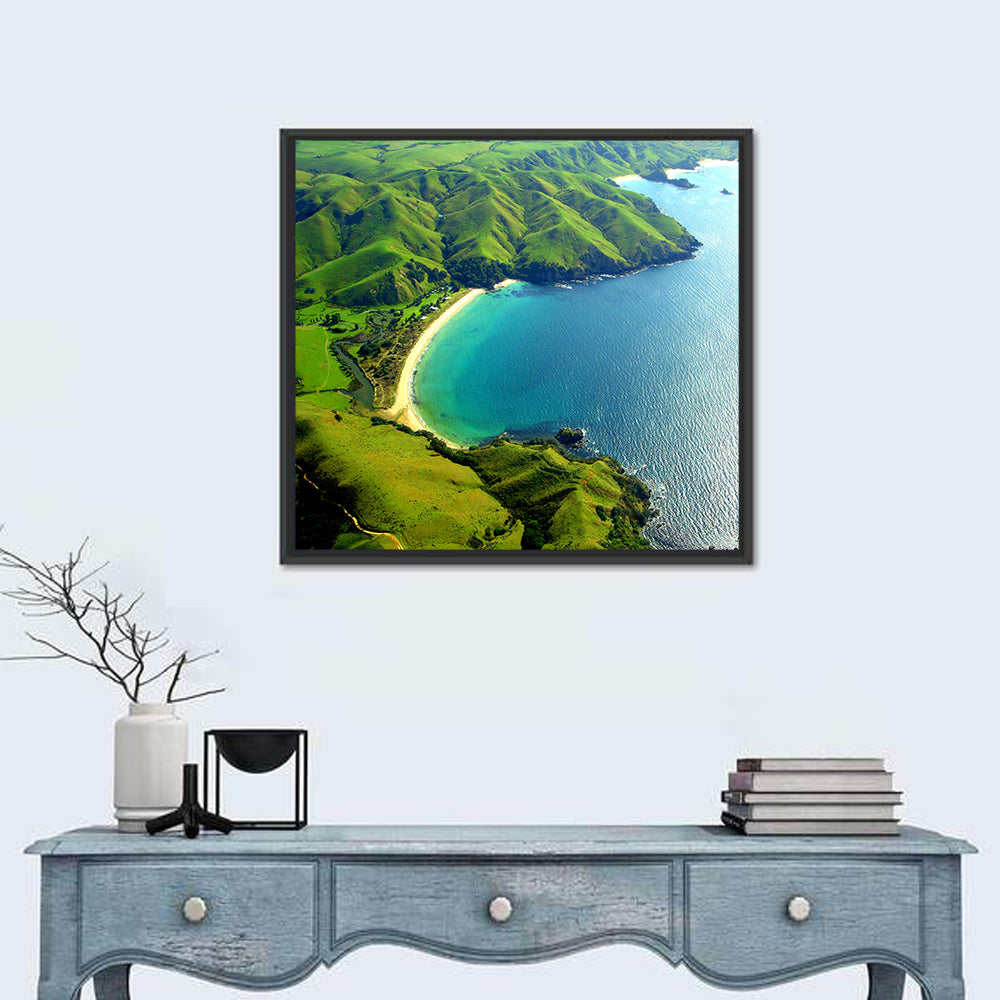 Taupo Bay Aerial View Wall Art in a room, square