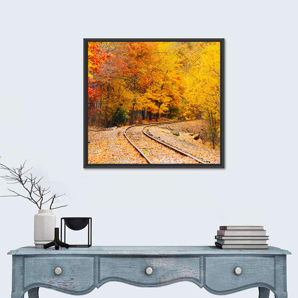Curving Railroad Through Autumn Forest Wall Art in a room, square